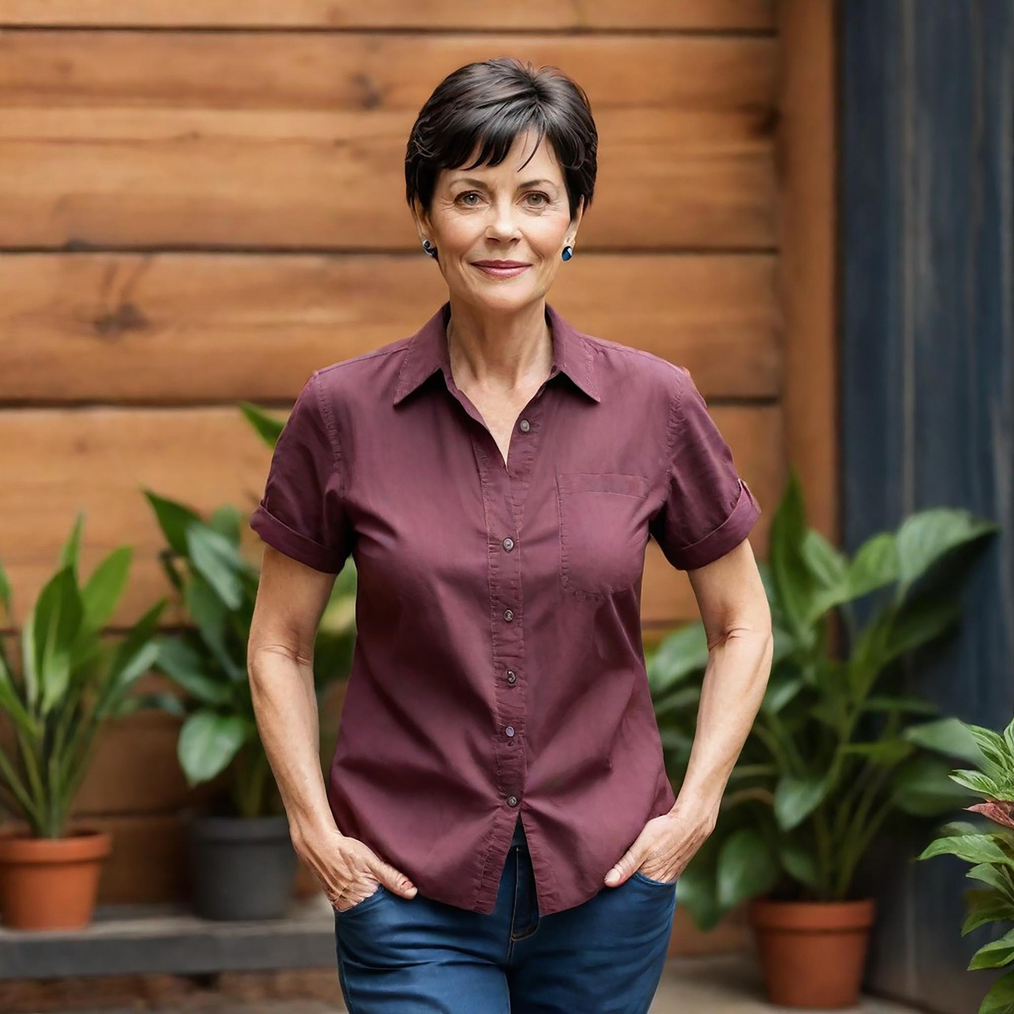 woman-stands-front-wooden-wall-with-potted-plants_583952-41134